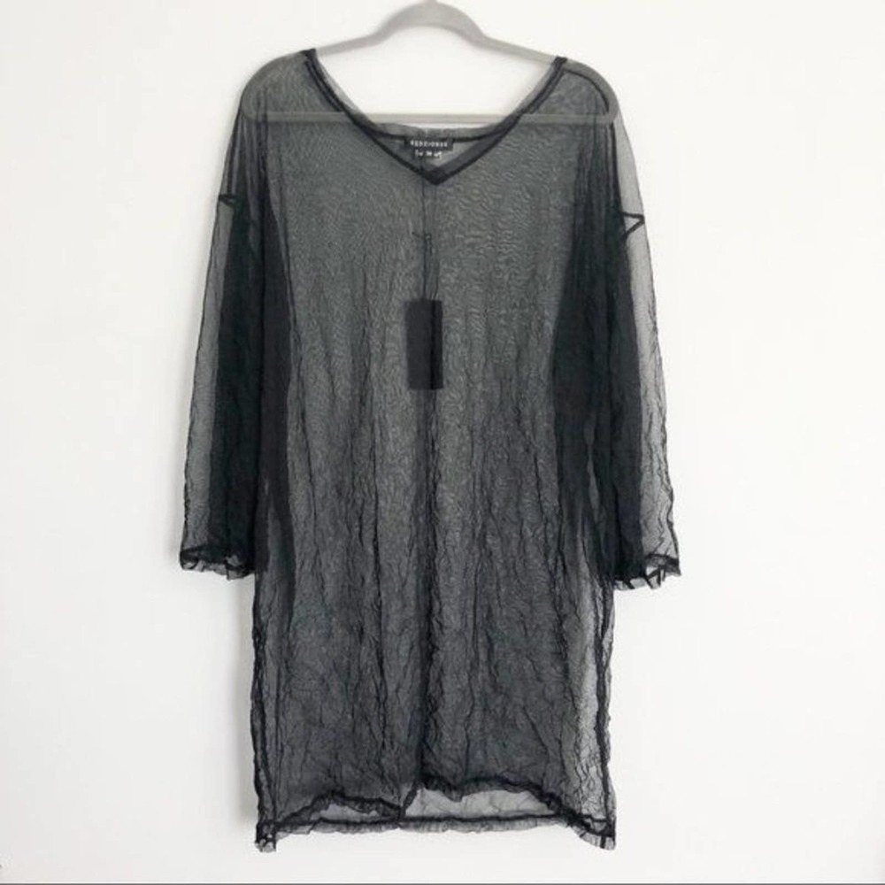 KEDZIOREK Black Sheer Long Sleeved Tunic V Neck Dress NWT Size 38 / Small